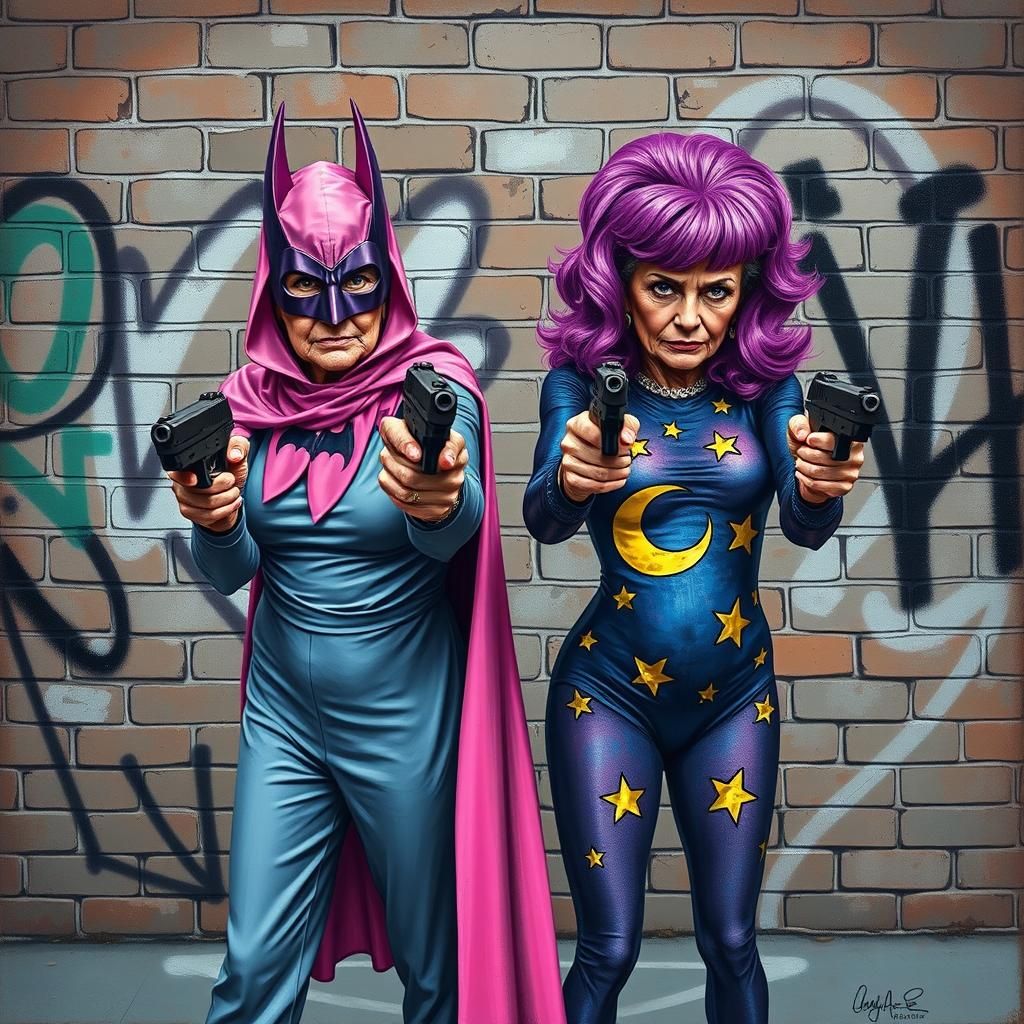 Elderly Superheroines in Whimsical Gouache Painting