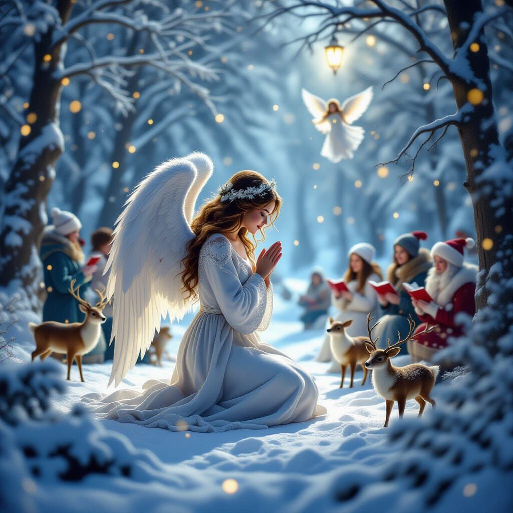 Guardian Angel in Snowy Forest with Carol Singers