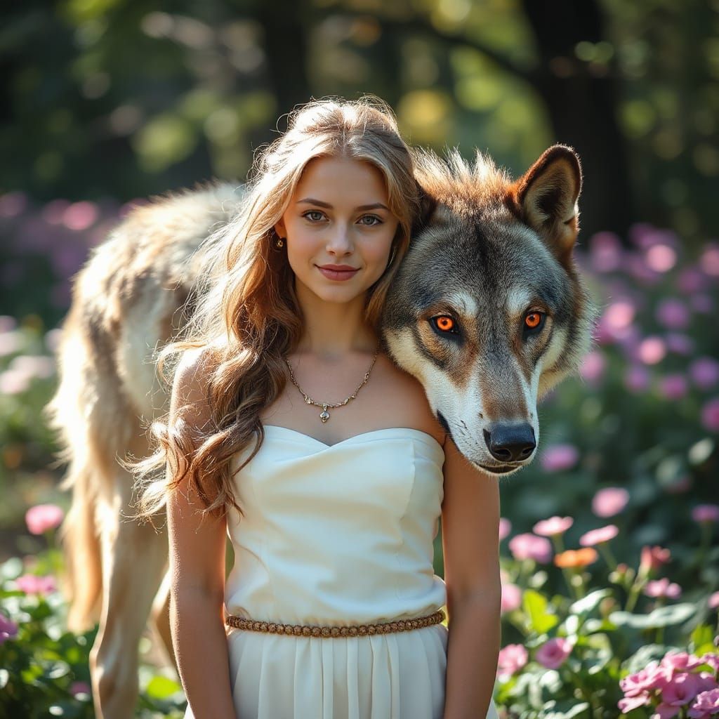 Enchanted Elven Princess in Serene Floral Glade with Dire Wo...