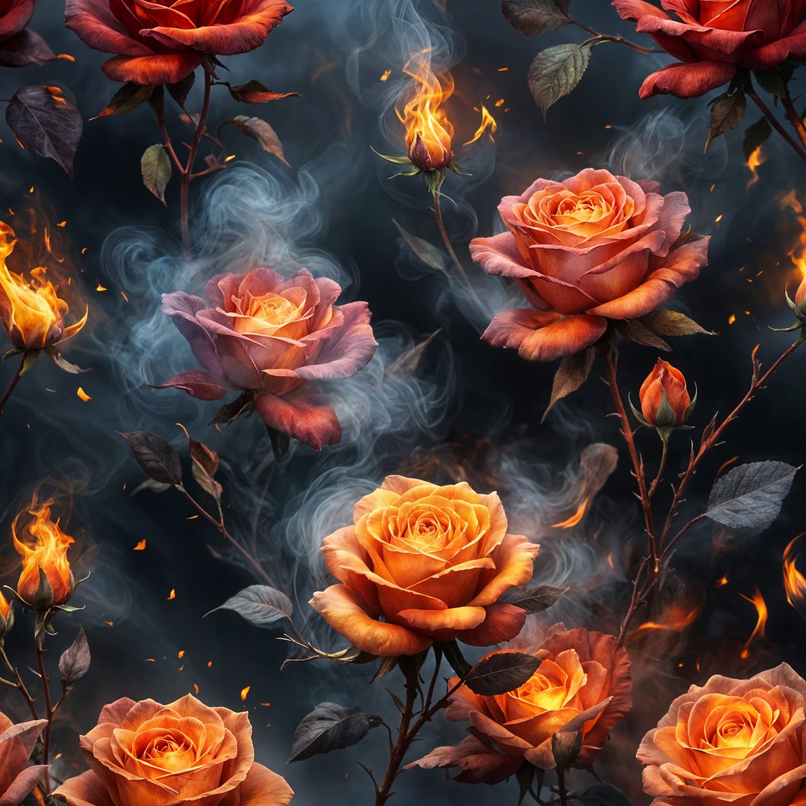 Fiery Rose Amidst Swirling Smoke