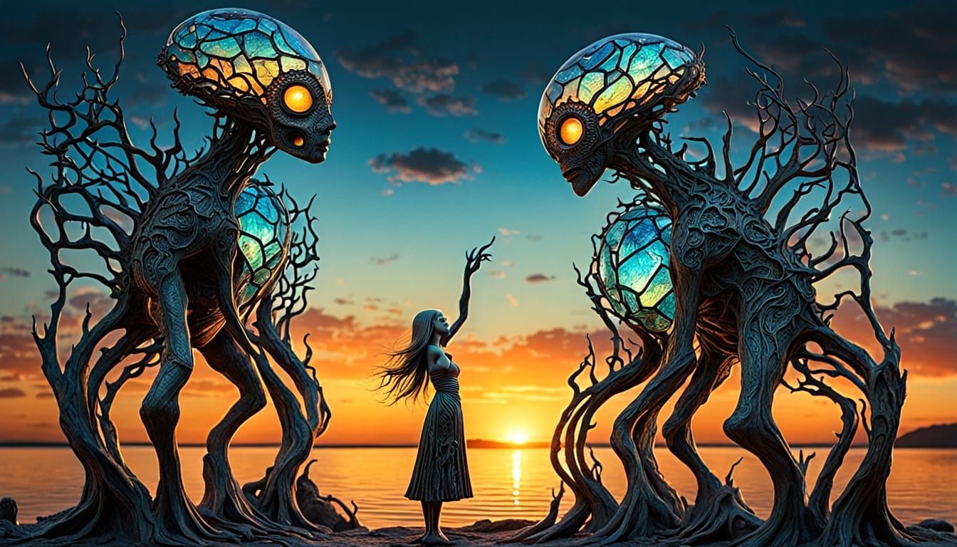 Surrealist Masterpiece: A Woman Among Glowing Creatures in a...