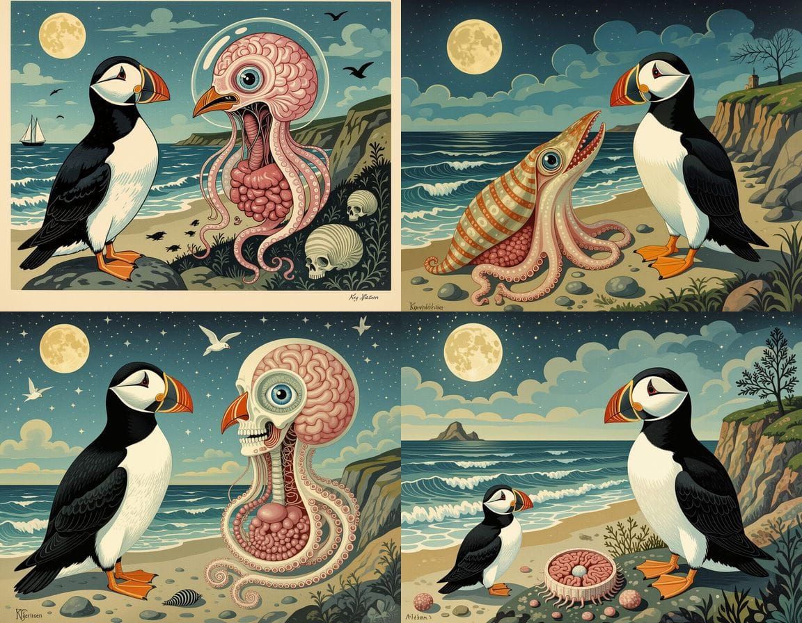 Surreal Homunculus and Organs in a Brutal Seashore Scene