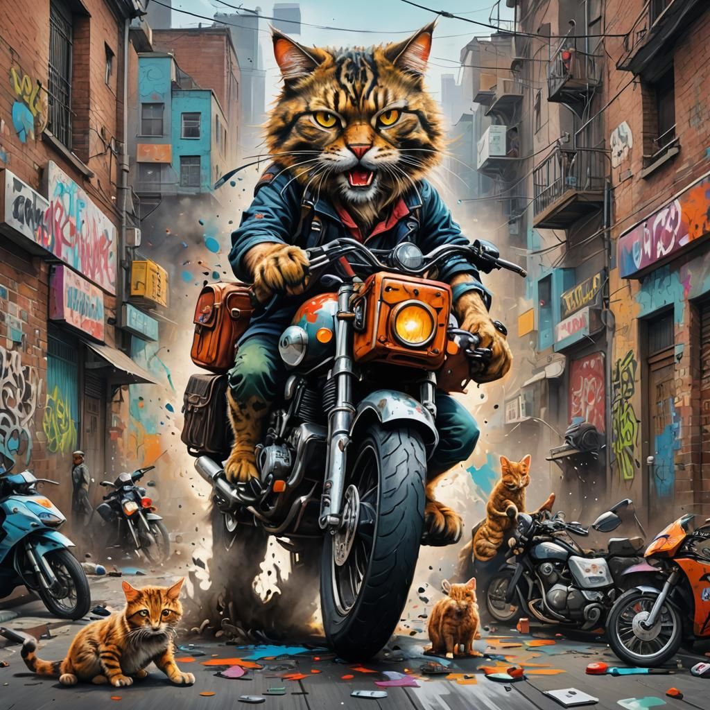 Giant Cat Captures Mice in Polychromatic Street Art