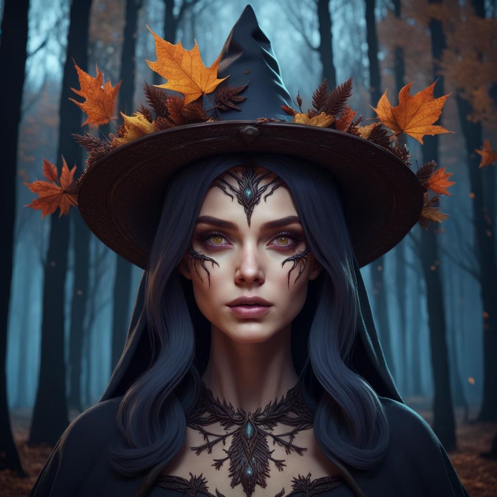 Autumn Witch in Dark Forest: Fantasy Concept Art