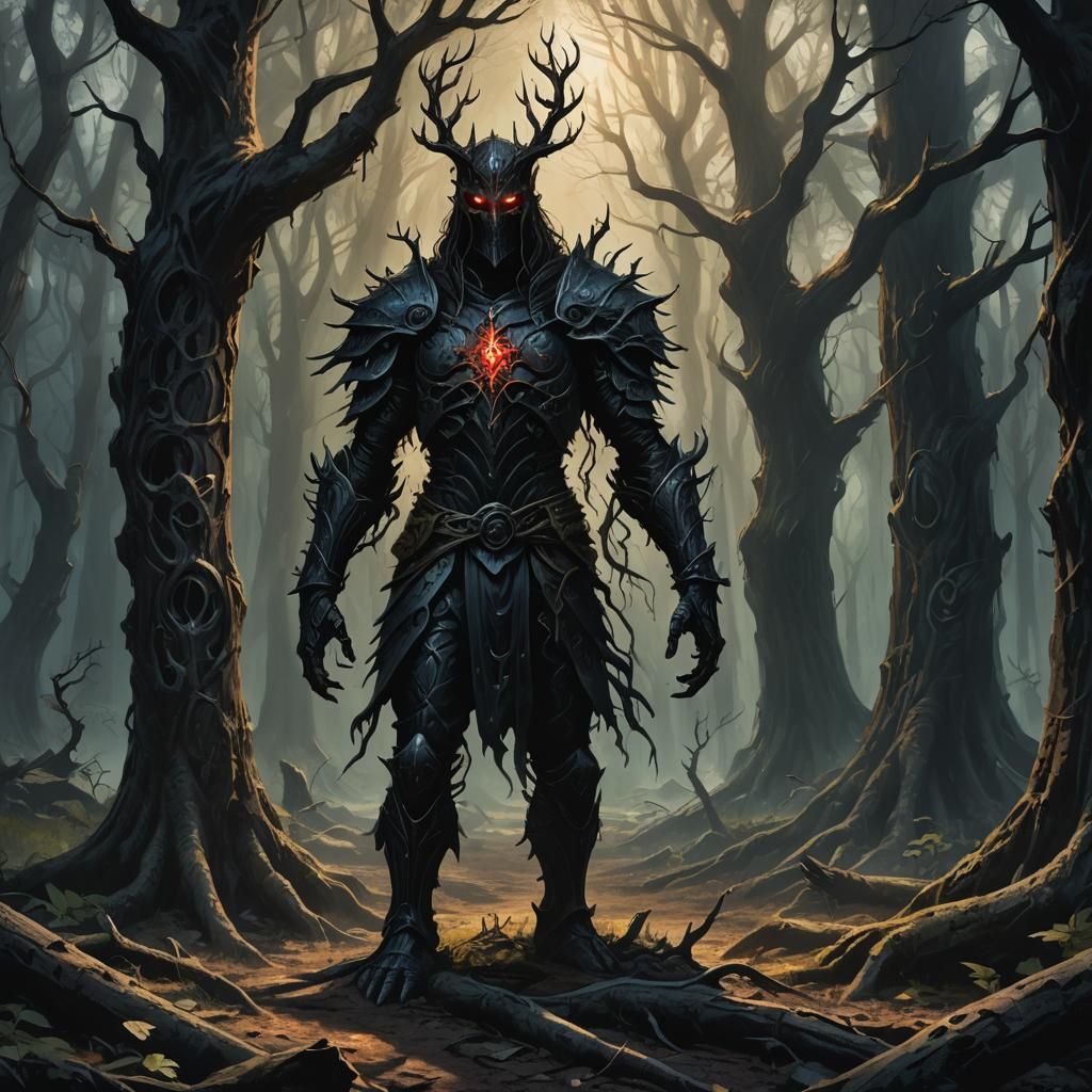 Mysterious Figure in Dark Fantasy Forest