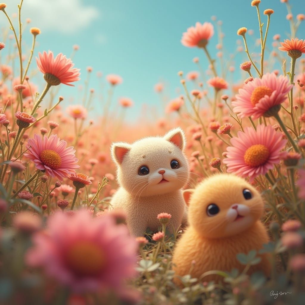 Whimsical Flower Cats in a Field: Fantasy Art