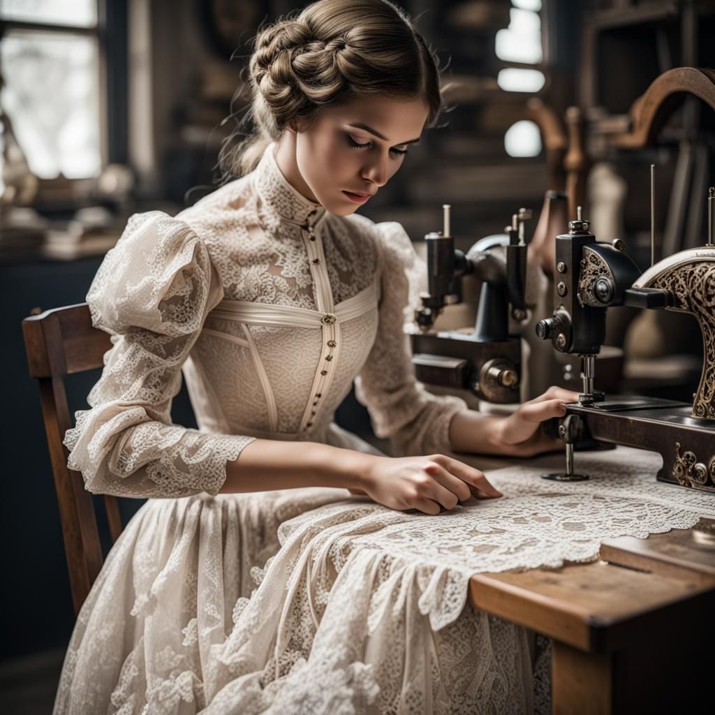 Victorian Girl in Lace-Adorned Seamstress Workshop