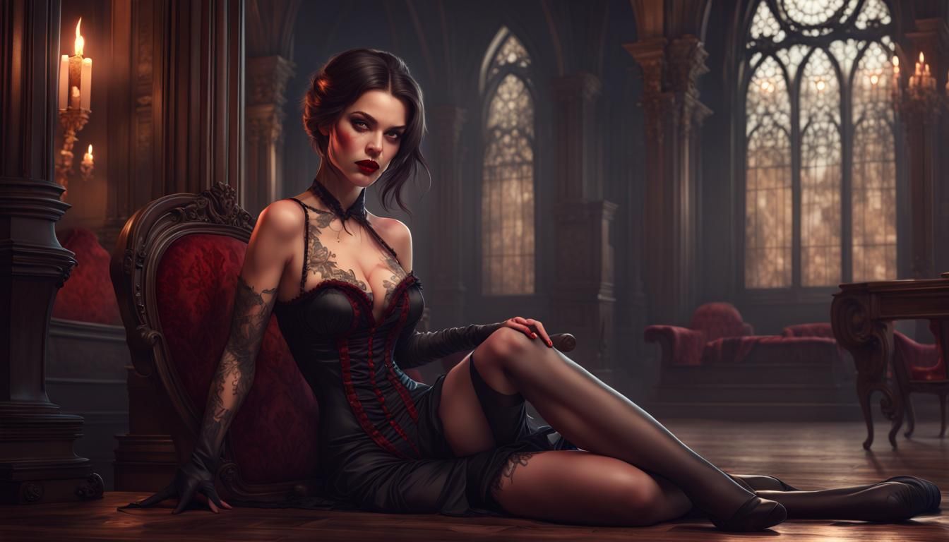 Sensual Vampire Brunette in Gothic Setting