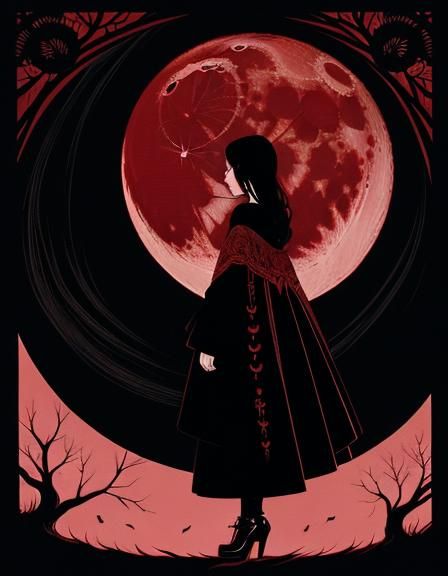 Nightmarish Anime Woman Walking Under the Moon