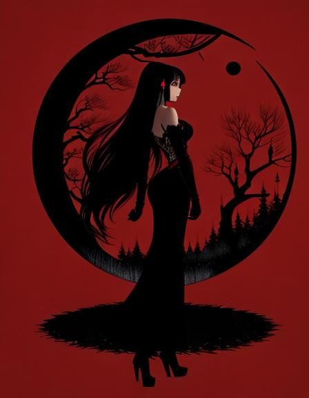 Nightmarish Anime Woman Walking by Moonlit Tree