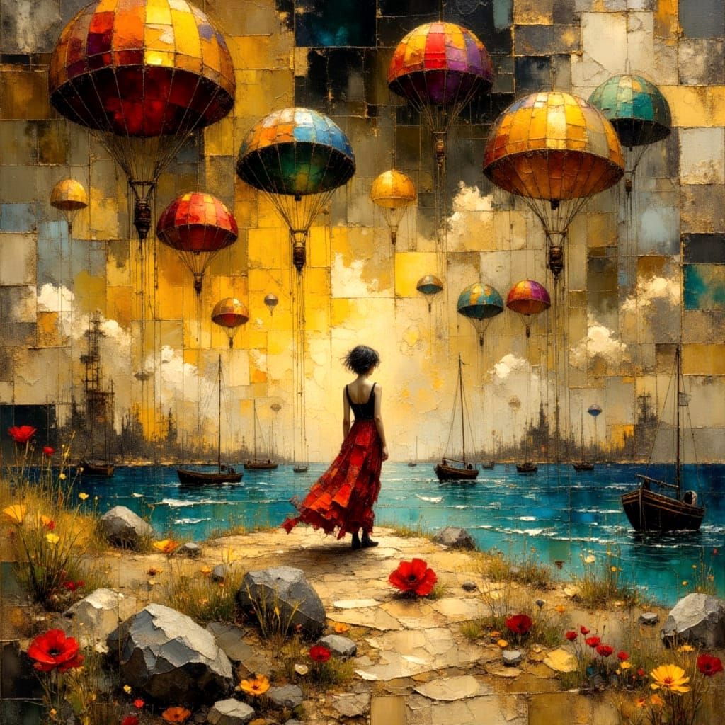 Surreal Landscape with Golden Thread, Metallic Texture