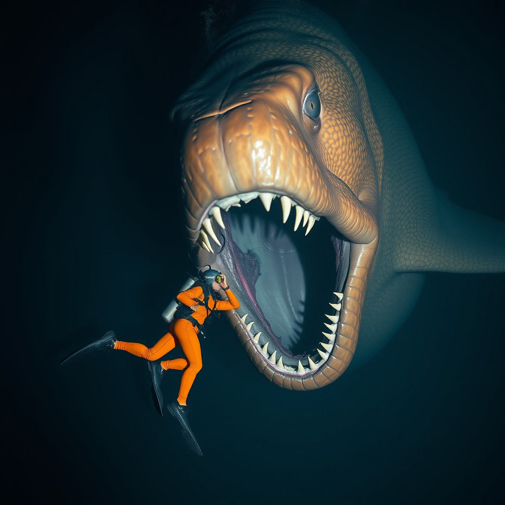 Scuba Diver Meets Giant Moray Eel in Deep Ocean