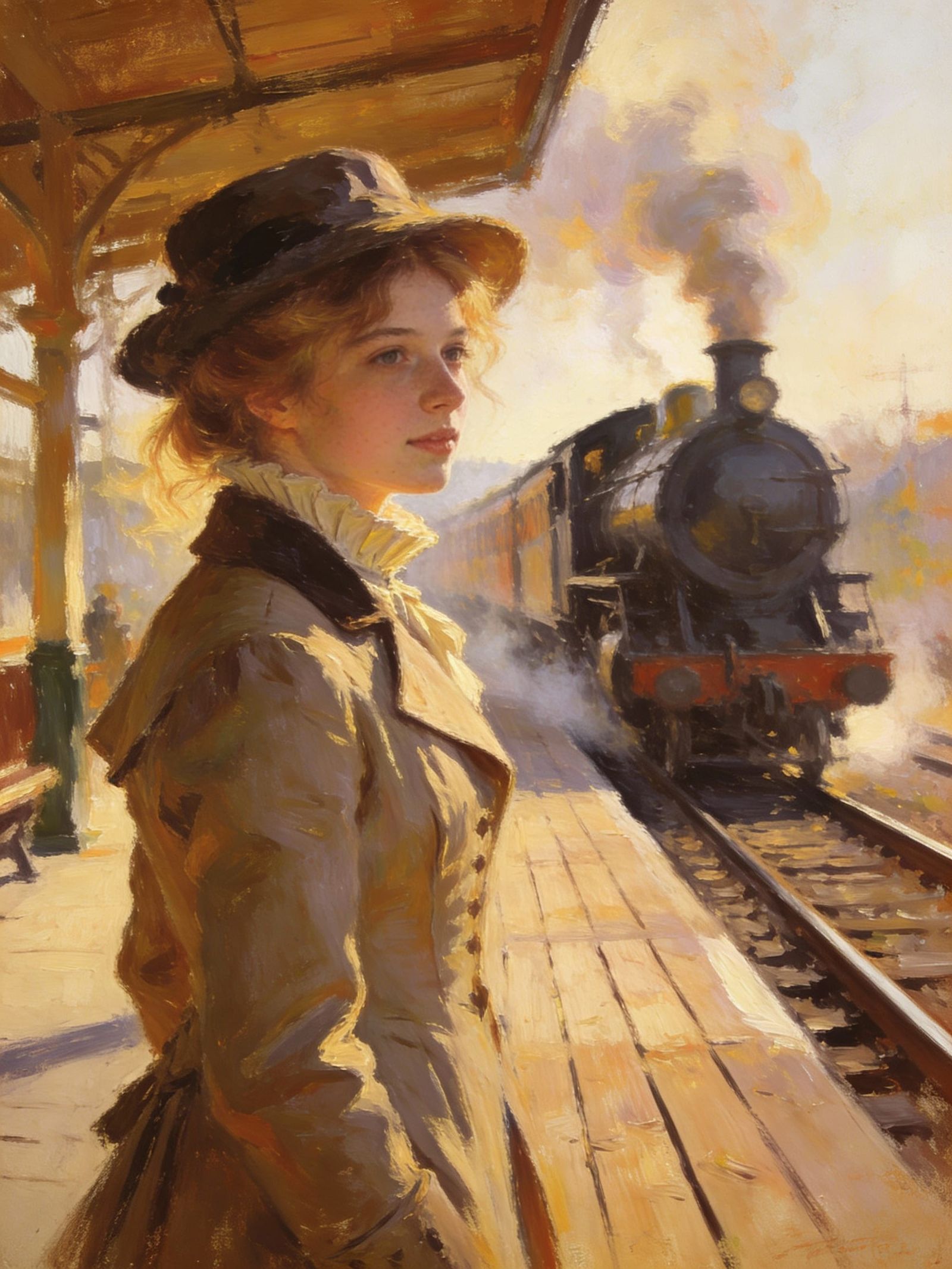 1840s Woman on Railway Platform in Soft Impressionistic Ligh...