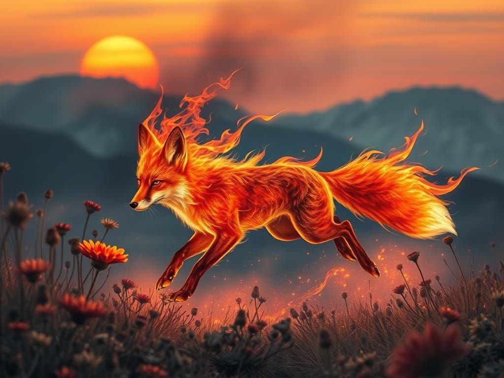 Fiery Spirit Fox in Dystopian Watercolor Landscape