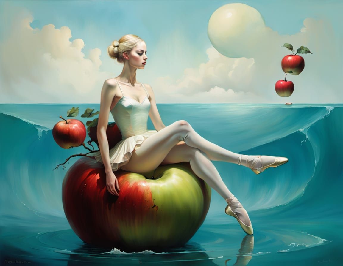 Ballerina on Apple in Ocean, Surreal Painting