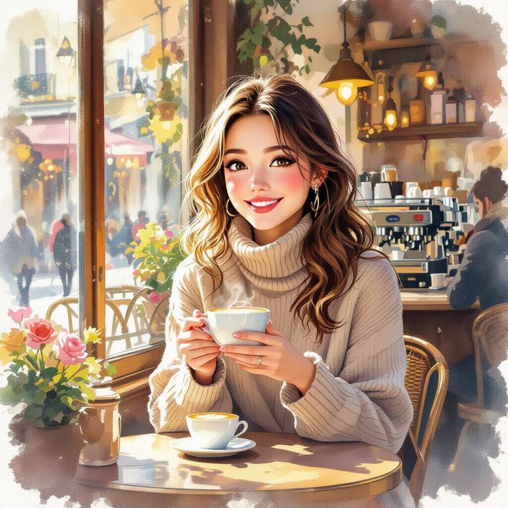 Young Woman Orders Latte in Parisian Cafe, Watercolor Style