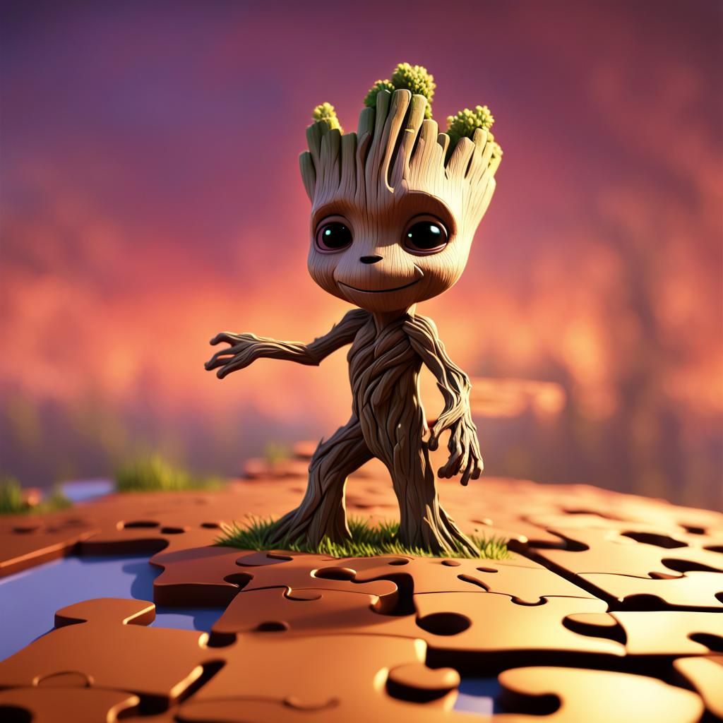 Groot Puzzle in Sunny Meadow: 3D Digital Art