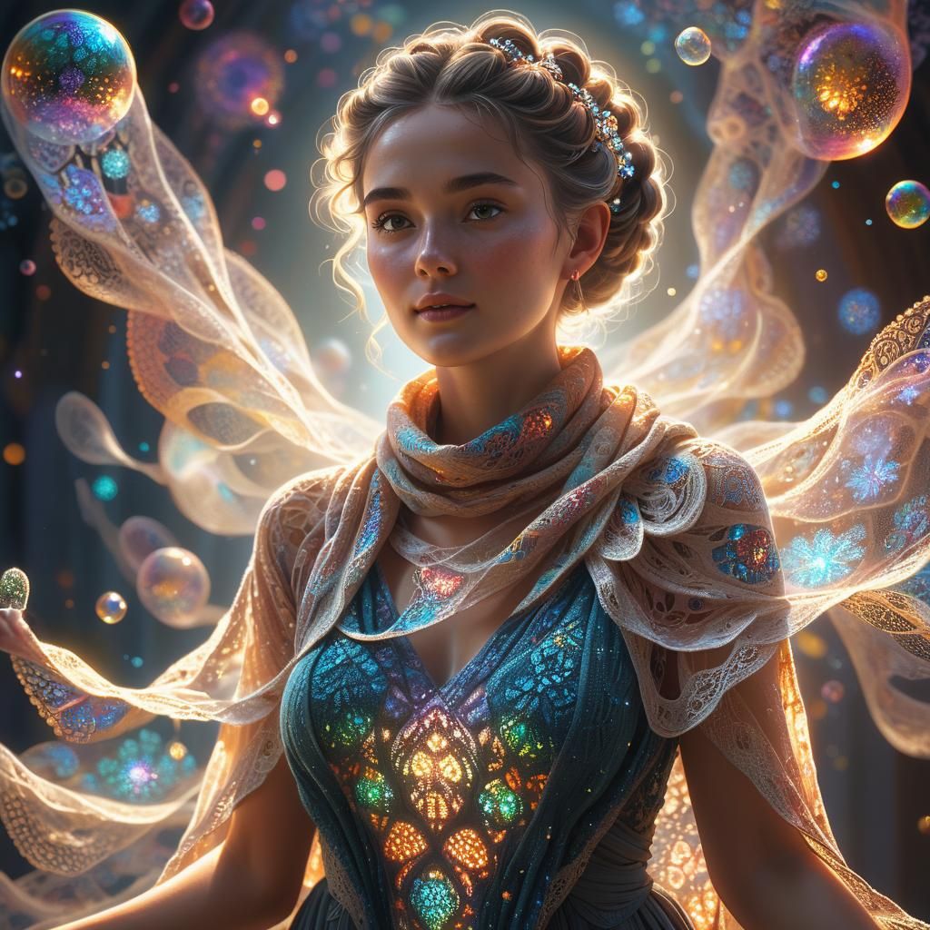 Majestic Woman in Fractal Shawl: Hyperreal Pixel Art