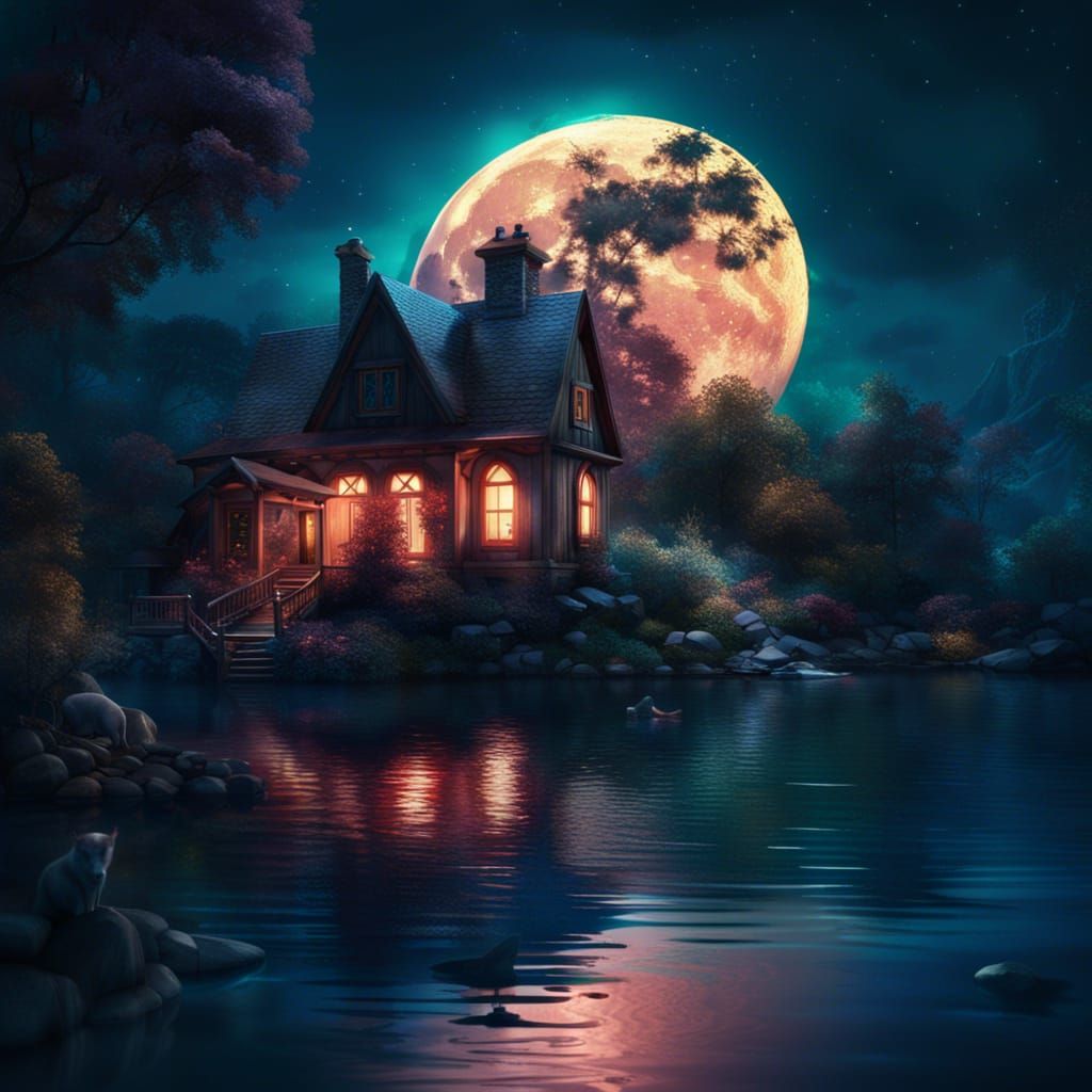 Magical Lake House Under Moonlit Sky