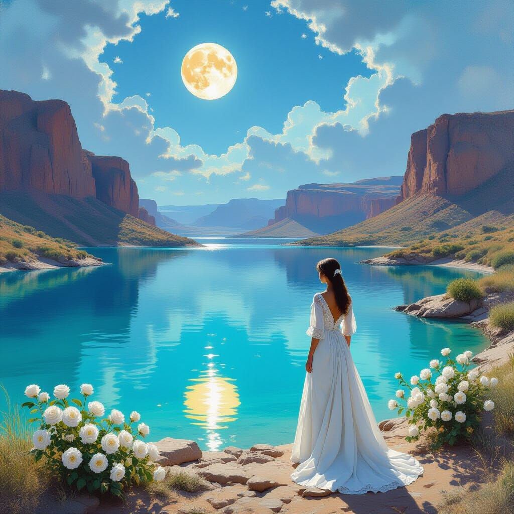 Mystical Desert Lagoon with Woman in 1800s Dress