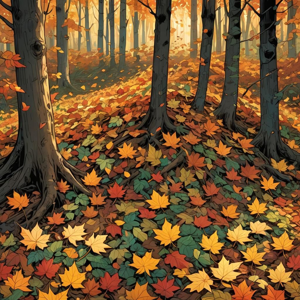 Vibrant Autumn Leaves in Forest, Comic Book Style