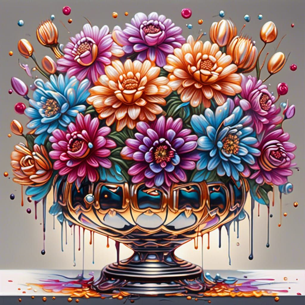 Chrome Chrysanthemums and Rose Gold Roses in Vase