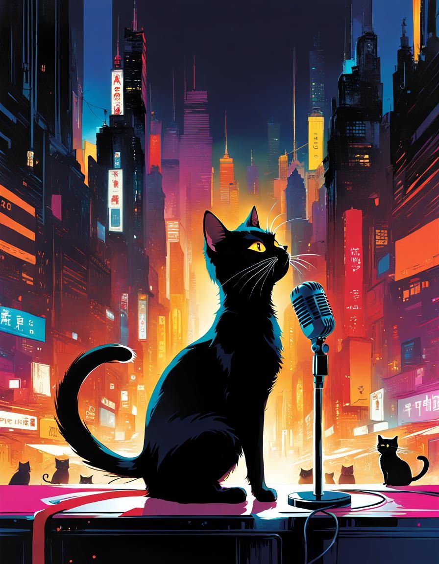 Singing Black Cat Digital Illustration