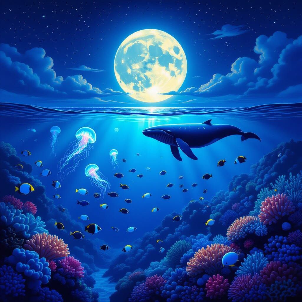 Vibrant Coral Reef Under Full Moon