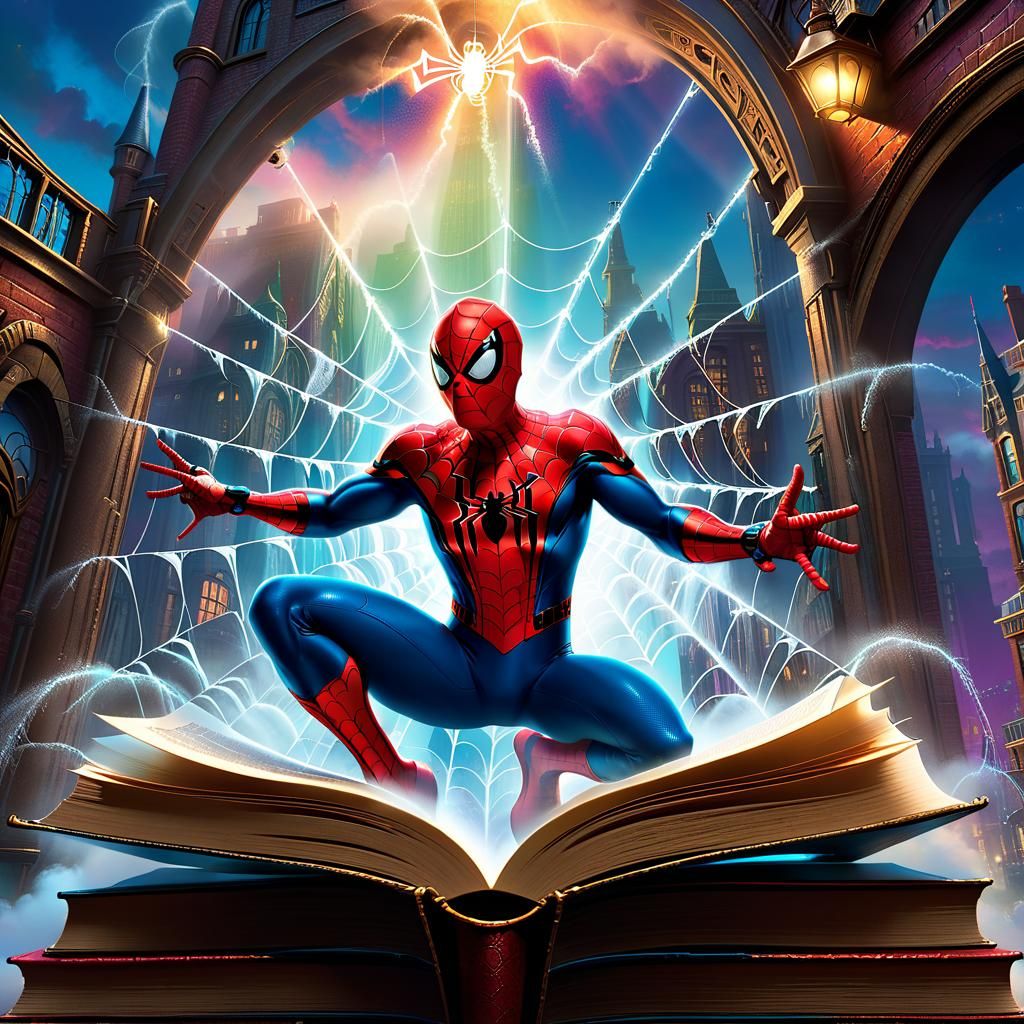 Spider-Man Escapes Book in Steampunk Fantasy Style