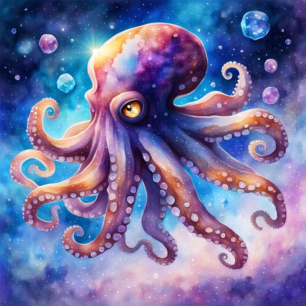 Watercolor Galaxy Octopus with Crystal: Fantasy Art