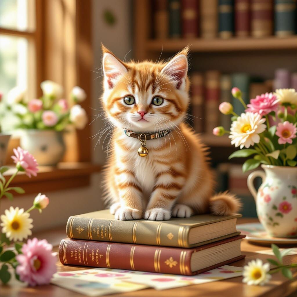 Ginger Kitten on Textbooks in Watercolor Style