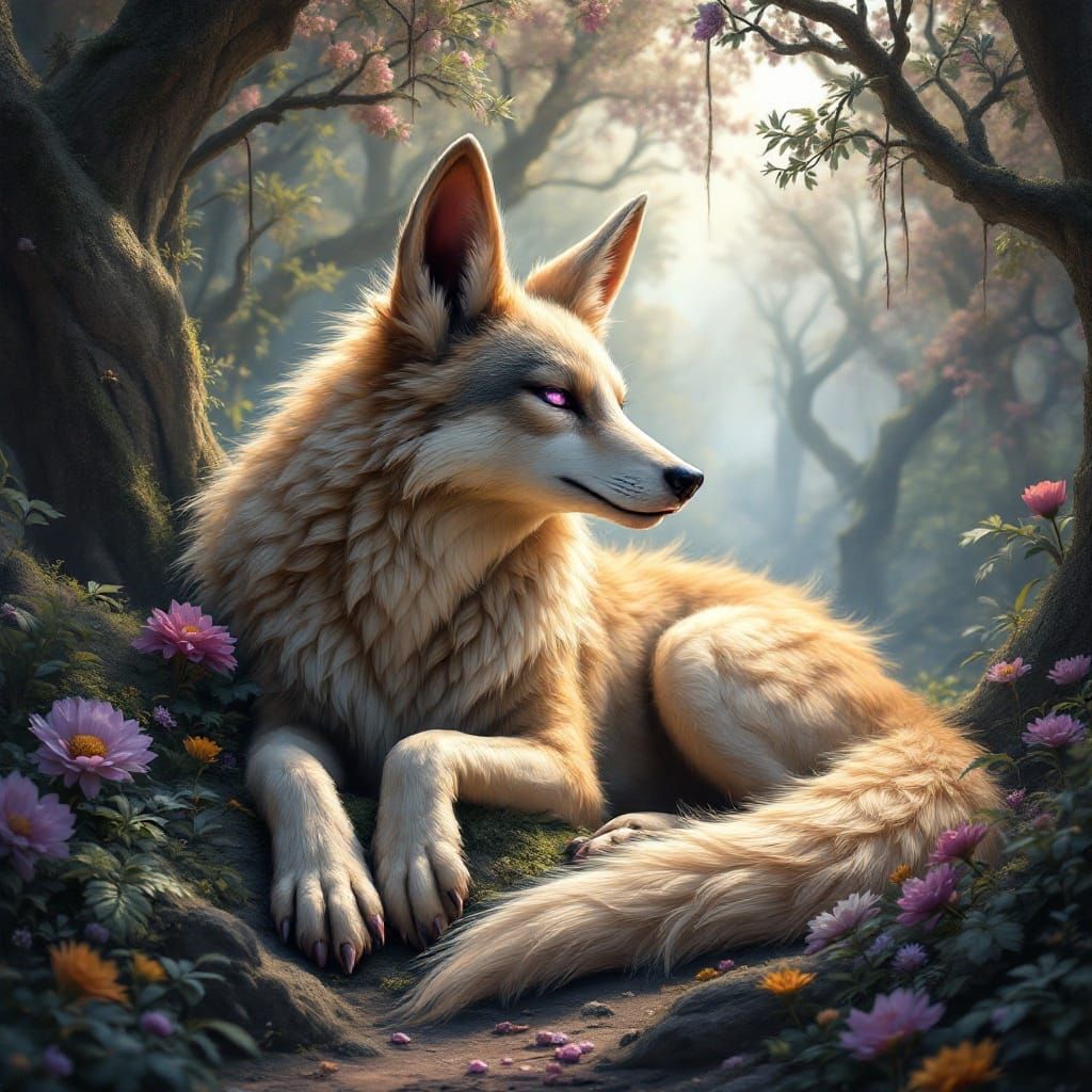 Whimsical Fantasy Wolf with Elongated Ears and Wings in a Fo...