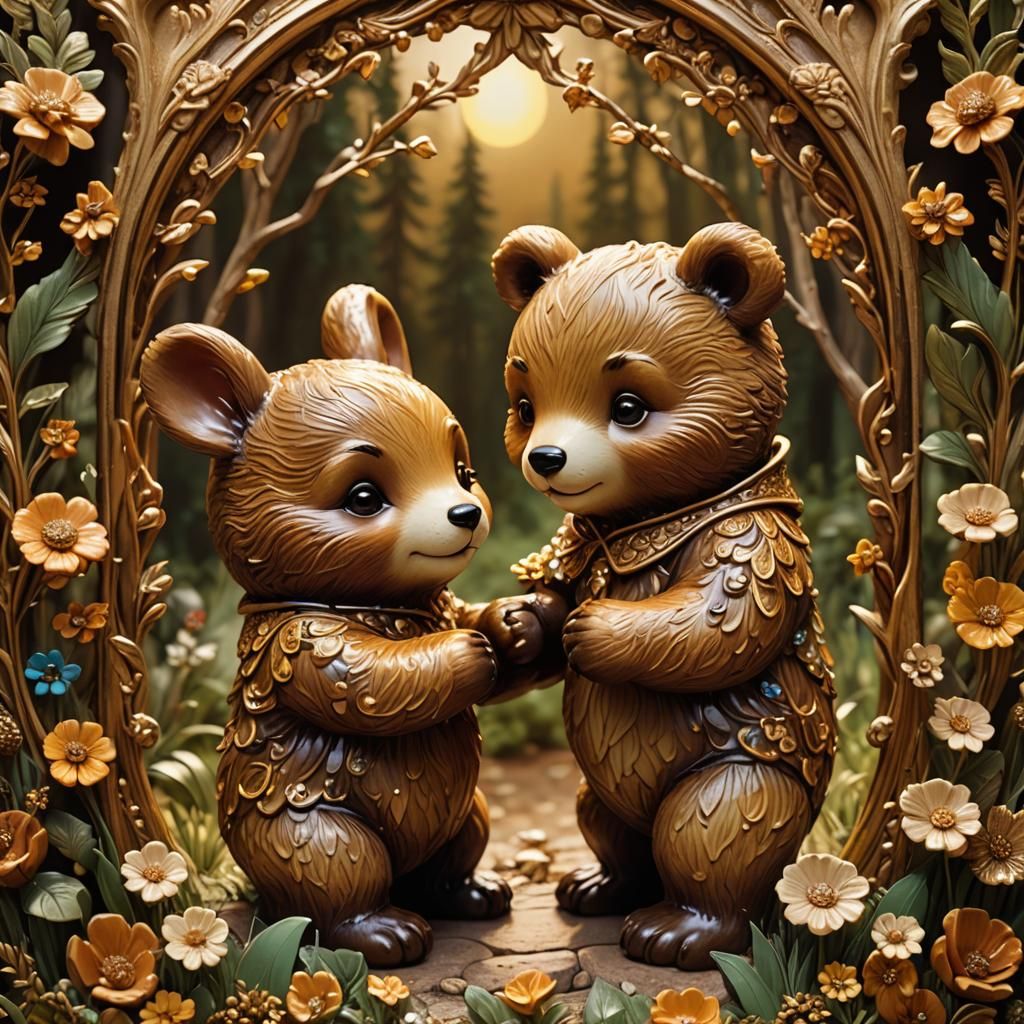 Anthropomorphic Animals Holding Hands in Enamel Art