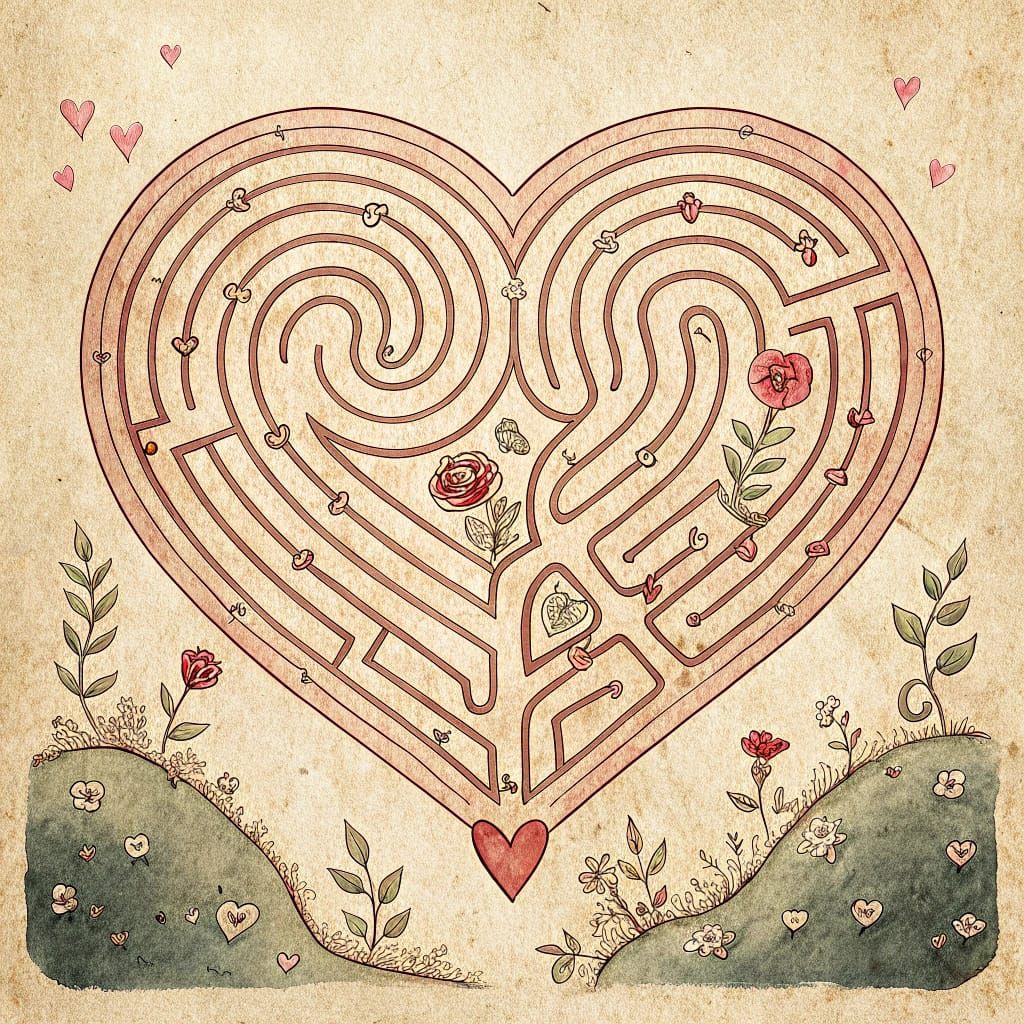 Hand-Drawn Heart Maze on Paper in Folk Art Style