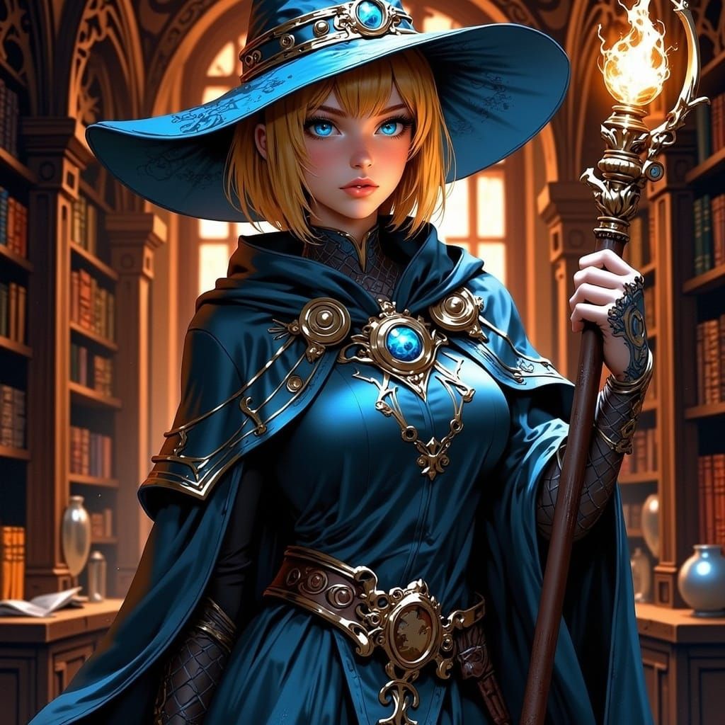 Skilled Sorceress in Mystical Library Digital Art
