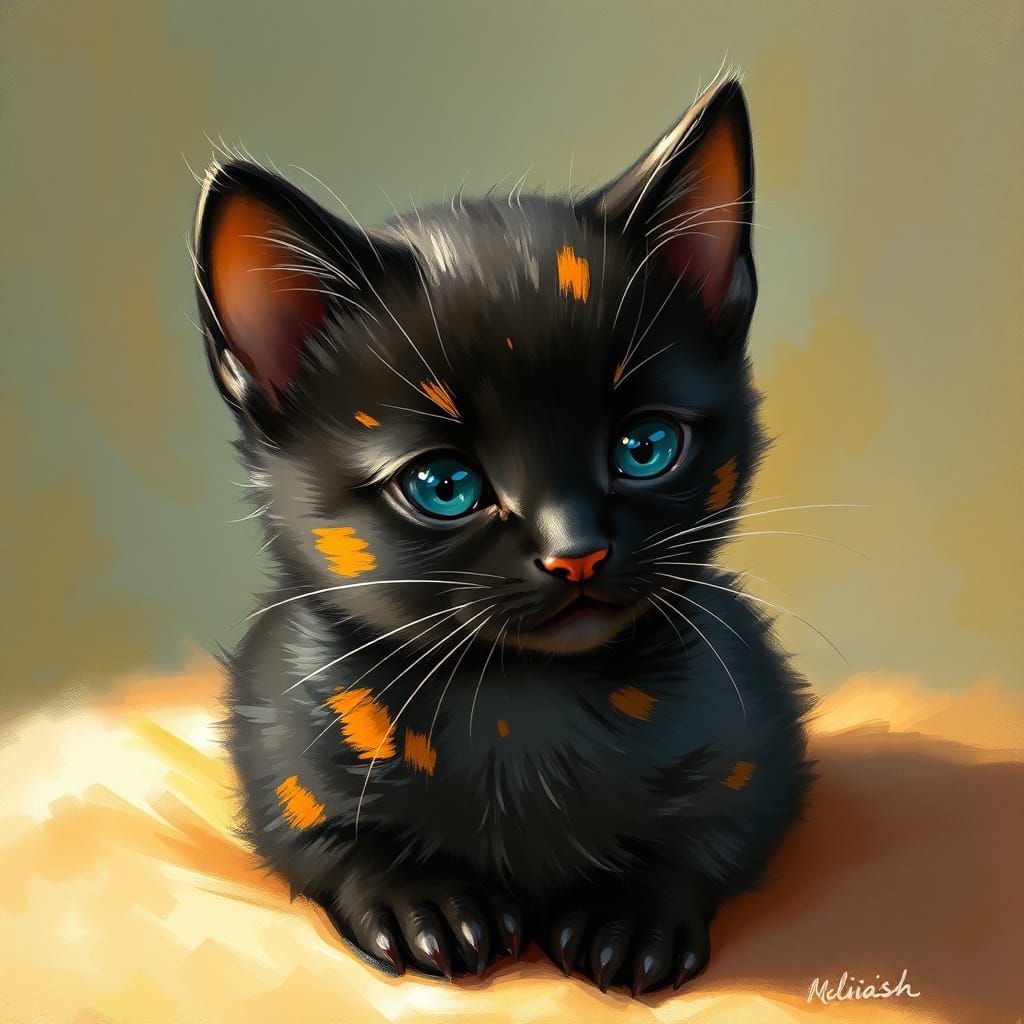 Whimsical Black Cat with Cream and Orange Spots in Impressio...