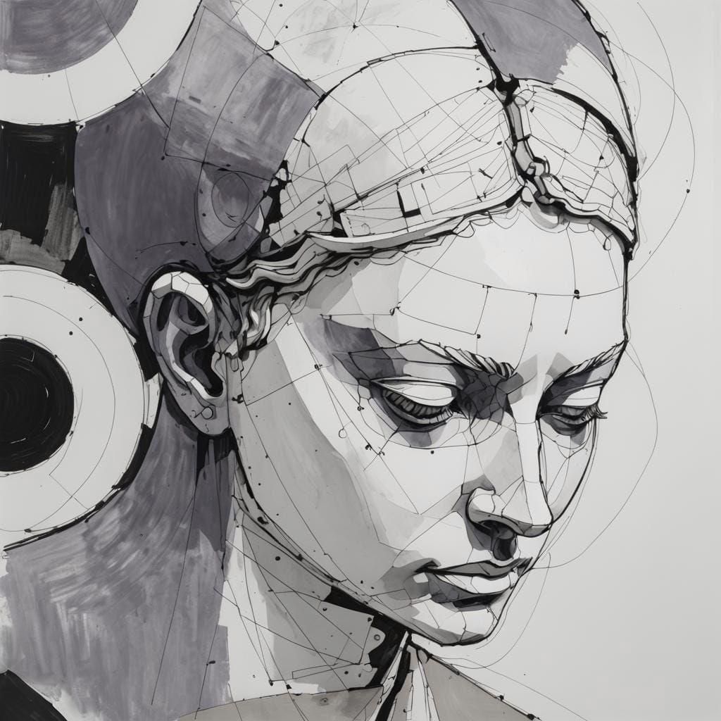 Violet Abstract Statue Head in Geometric Patterns