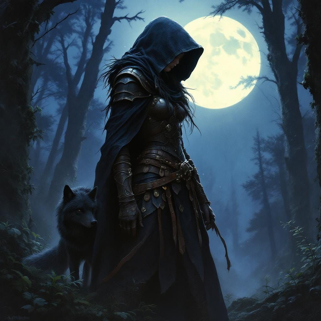 Dark Ranger and Wolf in Misty Forest