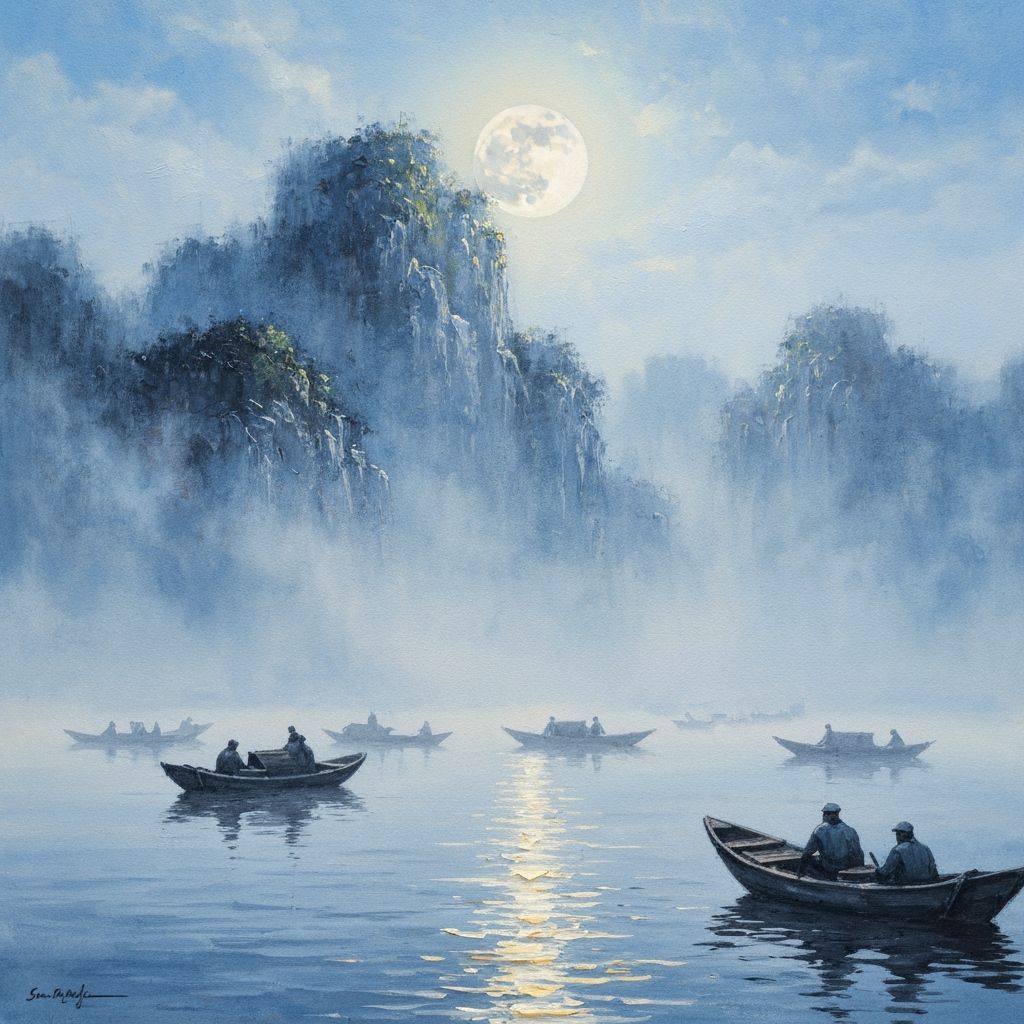 Moonlit Chinese Landscape in Watercolour Style