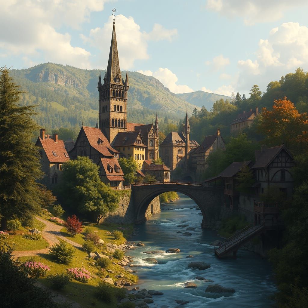 Gothic Village in Valley: Fantasy Concept Art