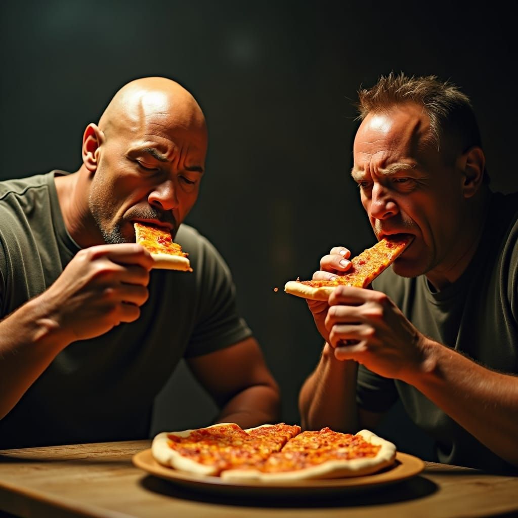 The Rock and Arnold Enjoy Spicy Pizza: Cinematic Film Still