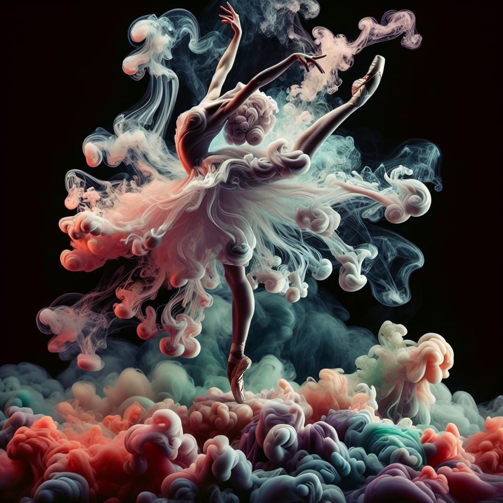 Ethereal Ballerina Emerges from Swirling Smoke