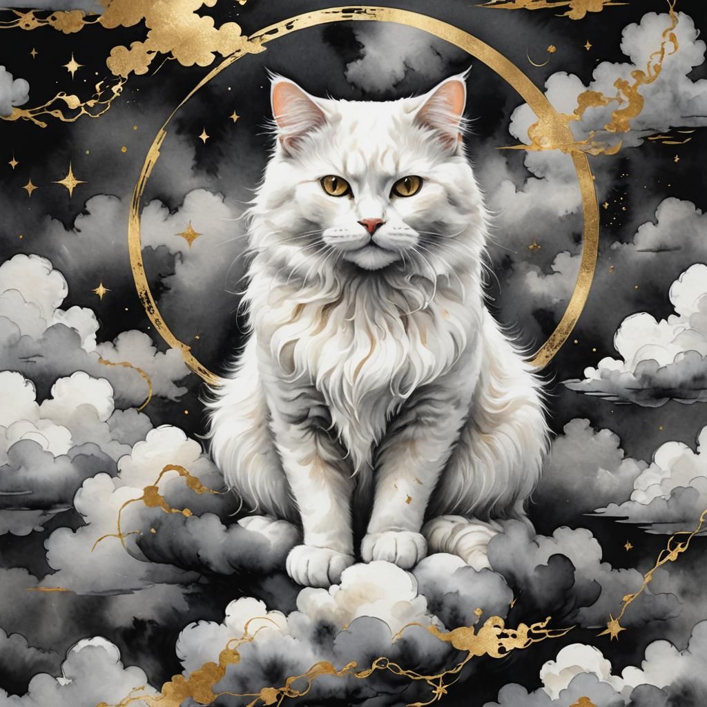 Elegant White Cat in Heaven, Watercolor Kintsugi