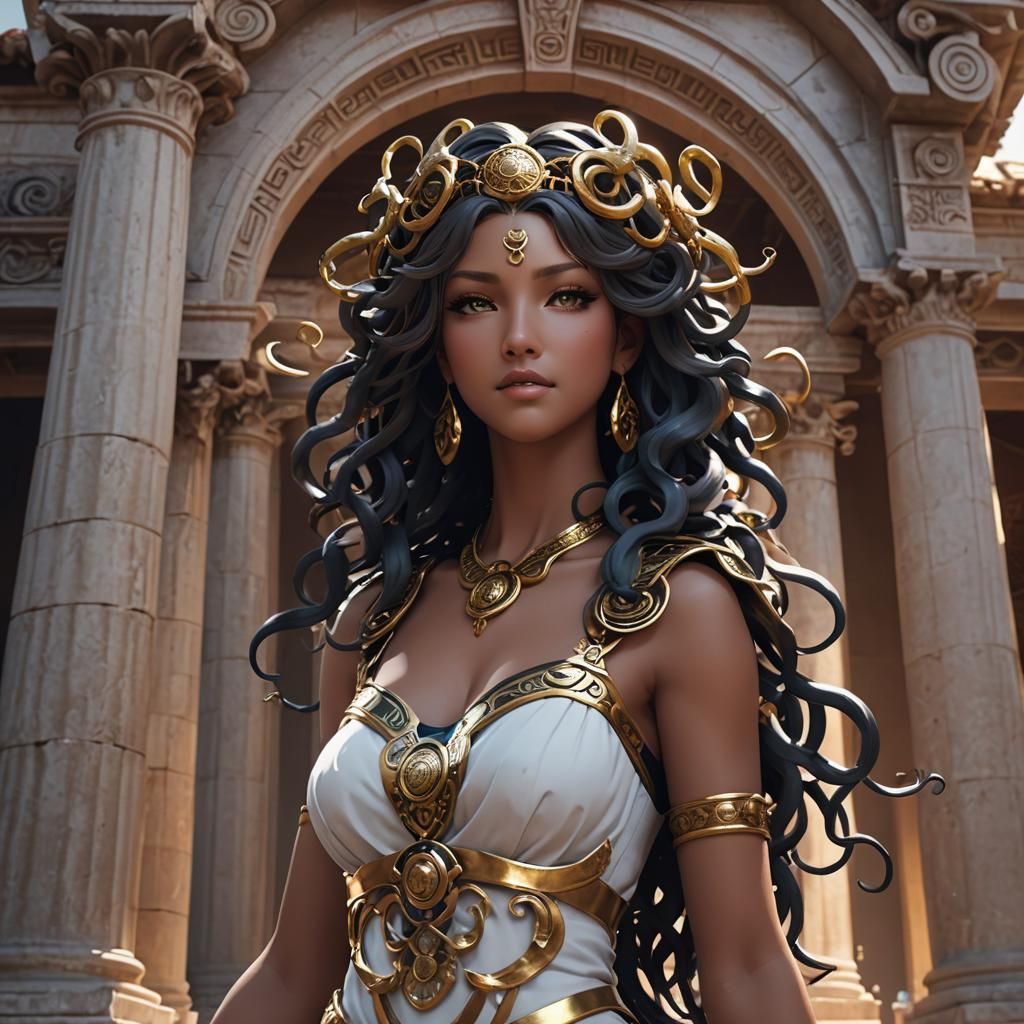 Gorgeous Medusa Smiles at Her Temple in 3D Anime Art
