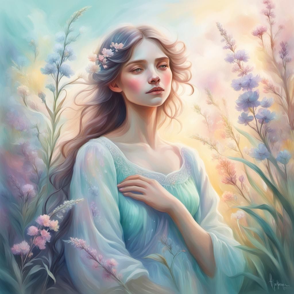 Dreamy Woman with Wildflowers in Pastel Style