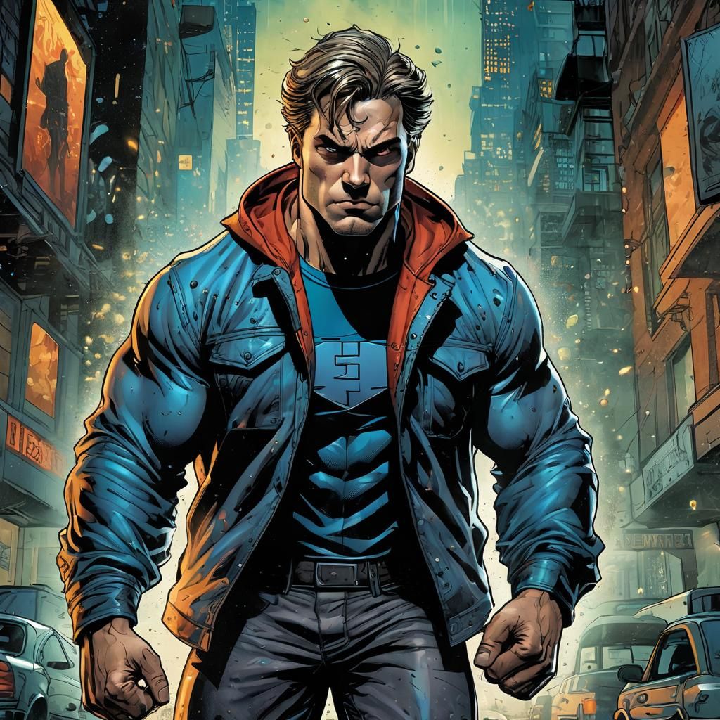 Muscular Superhero in City Street, Comic Book Art