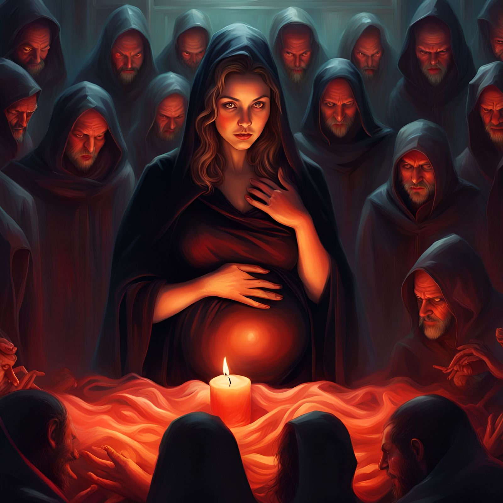 Dramatic Birthing Scene with Cultists in Hyperrealistic Styl...