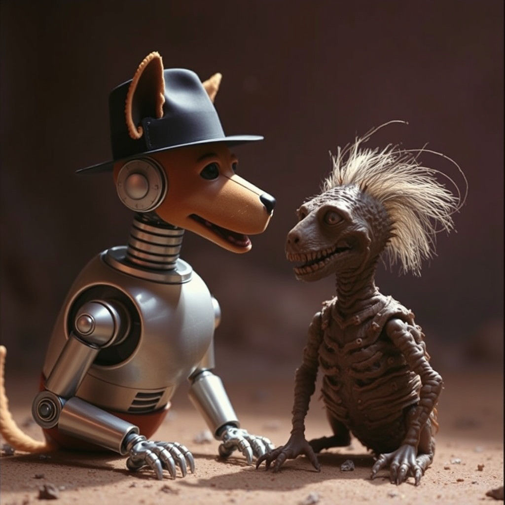 Robot Dog in Fedora: Surreal 80s Sci-Fi Scene