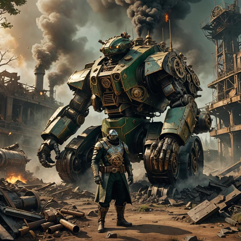 Steampunk Armored Man-Tank in Destroyed Battlefield