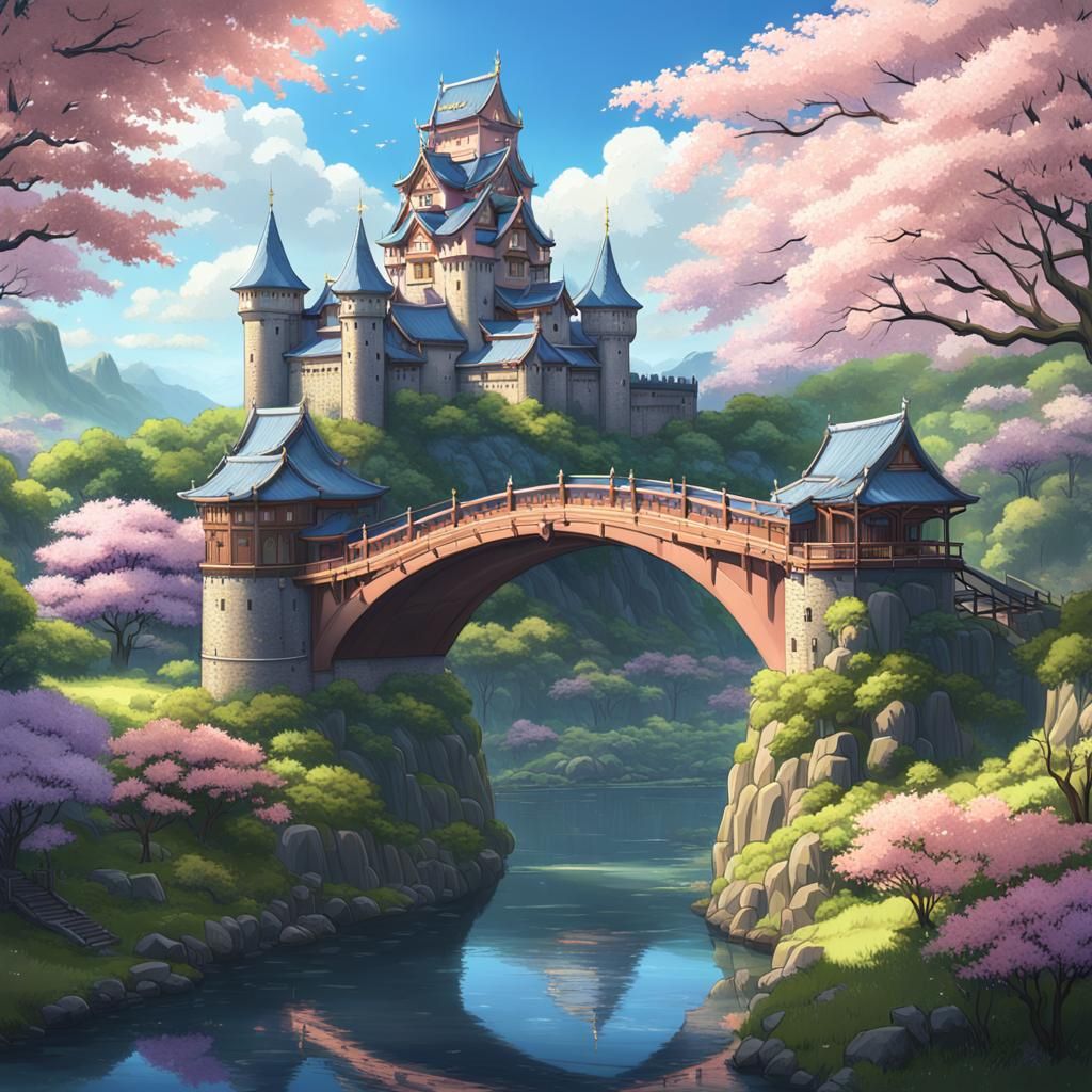 Ghibli-esque Castle with Sakura, Anime Key Visual